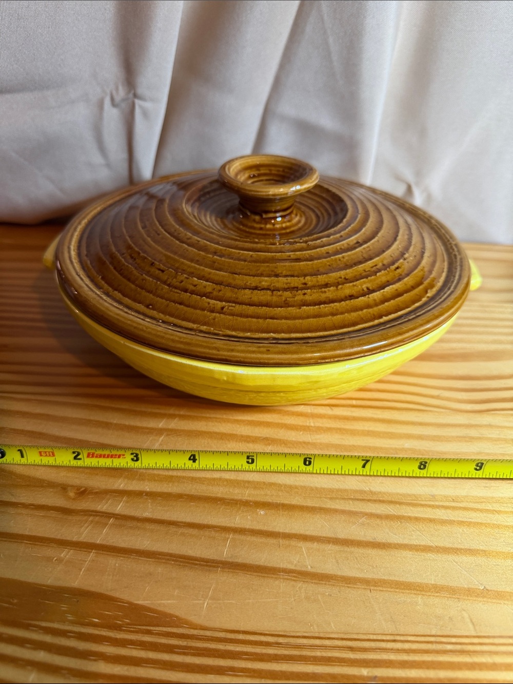Vintage USA Pottery Yellow Casserole Dish Bowl & Brown Drip Lid 72-E